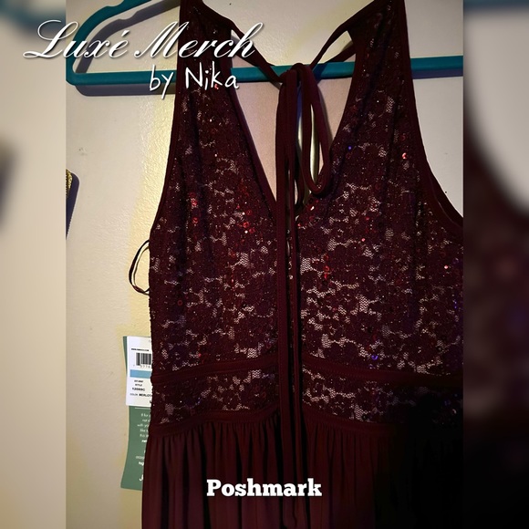 Morgan & Co Sequined Halter Maxi Formal Mermaid Dress - Color Merlot/Nude Size 5 - Picture 2 of 10